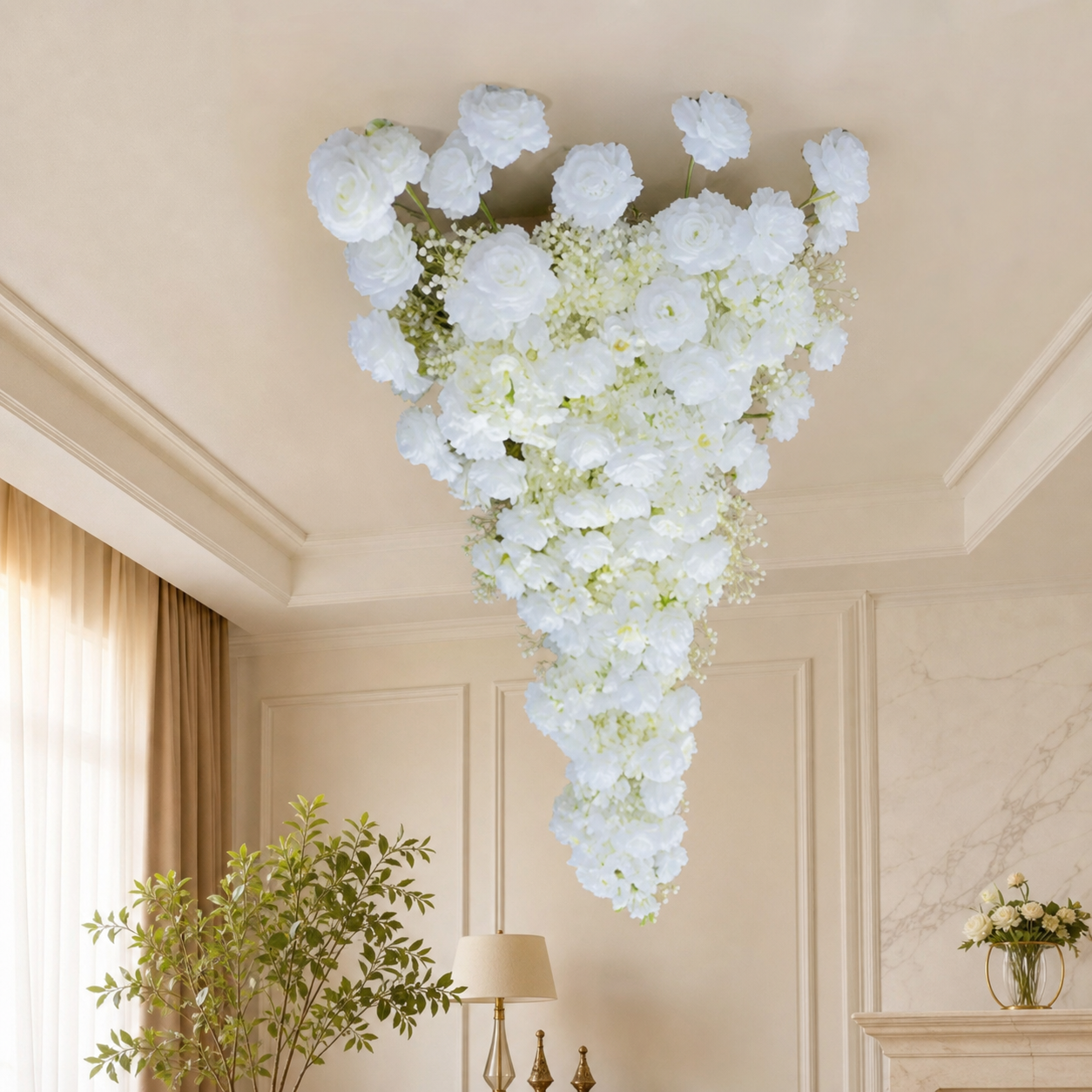 White artificial rose cascade mounted on a ceiling, hanging above a living room