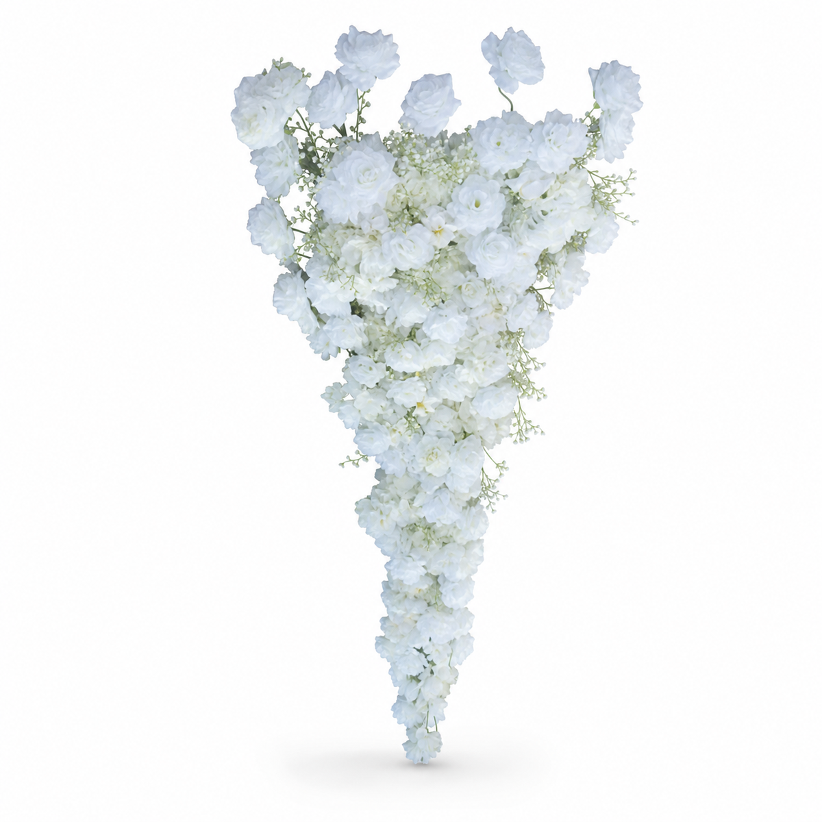 White artificial rose cascade with fine filler sprays, tapering to a point, on a white background
