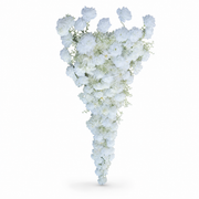 White artificial rose cascade with fine filler sprays, tapering to a point, on a white background