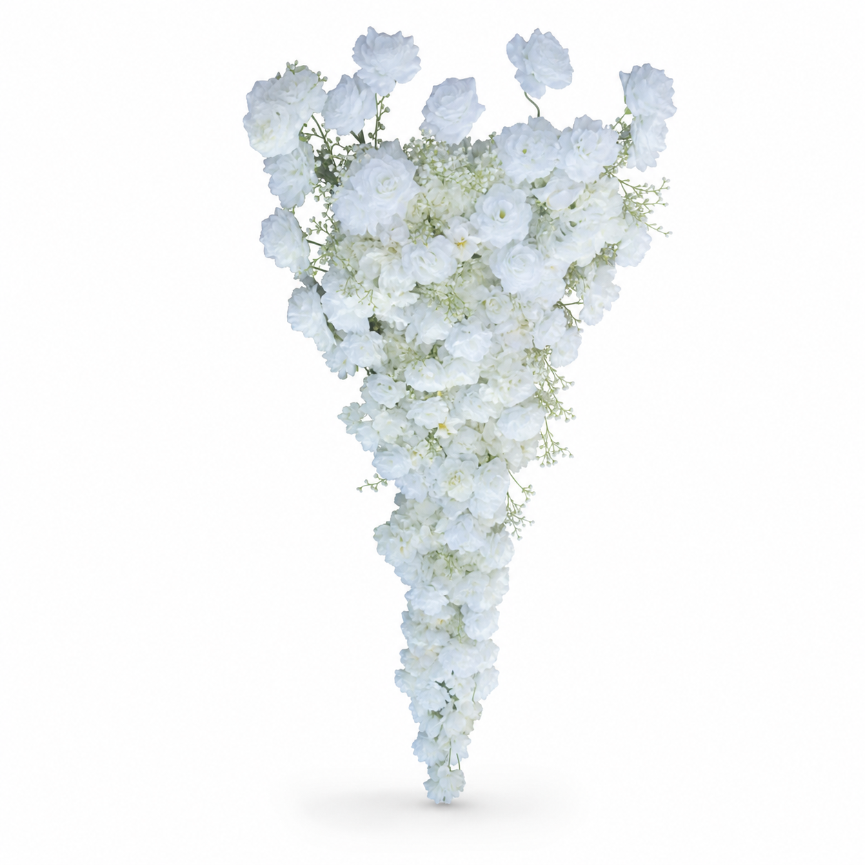 White artificial rose cascade with fine filler sprays, tapering to a point, on a white background