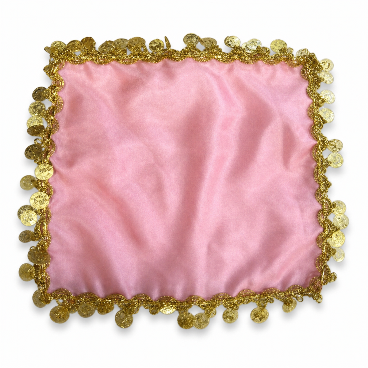 Plain pink satin scarf edged on all four sides with gold-tone coin trim
