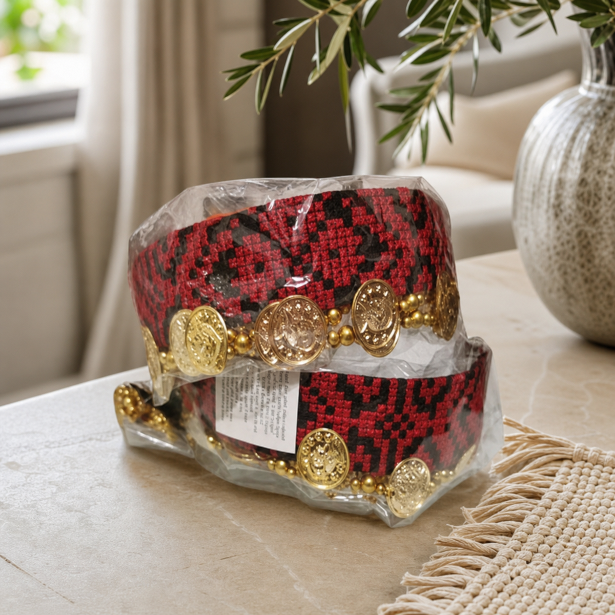 Embroidered tatreez head band with gold coins
