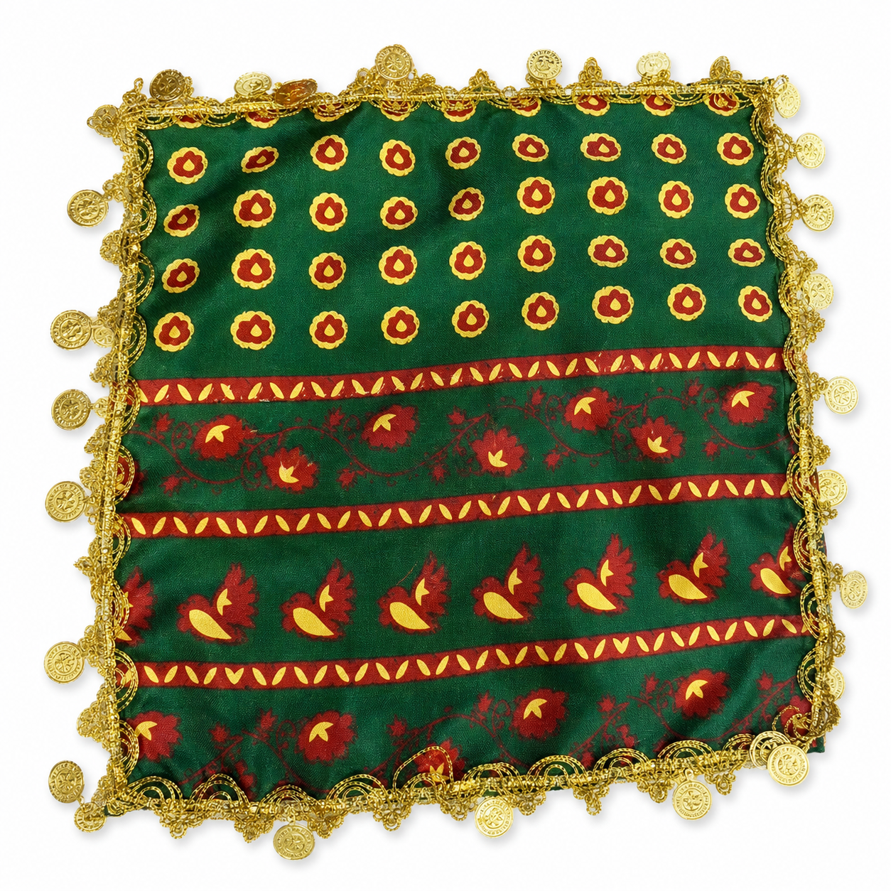 Green dancing scarf with red and yellow floral motifs and gold-tone coin trim on all four edges