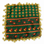 Green dancing scarf with red and yellow floral motifs and gold-tone coin trim on all four edges