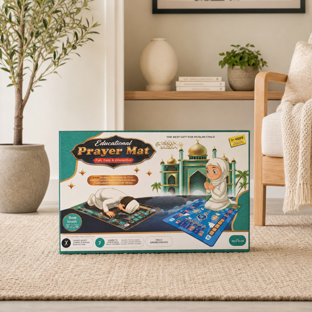 Children's educational prayer mat retail box standing on a rug