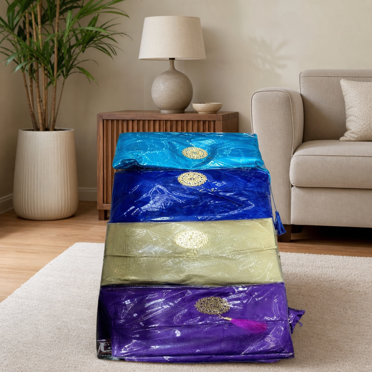 Stack of four wrapped blankets in light blue, royal blue, cream and purple in a lamp-lit living room