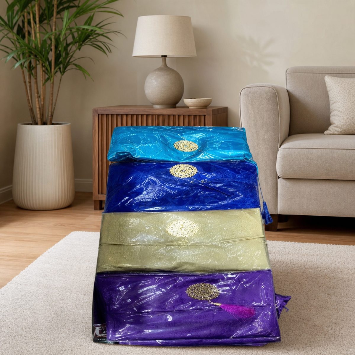 Stack of four wrapped blankets in light blue, royal blue, cream and purple in a lamp-lit living room
