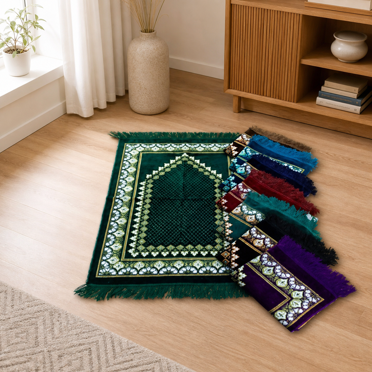 Green fringed prayer mat on a wood floor, other colourways folded beside it