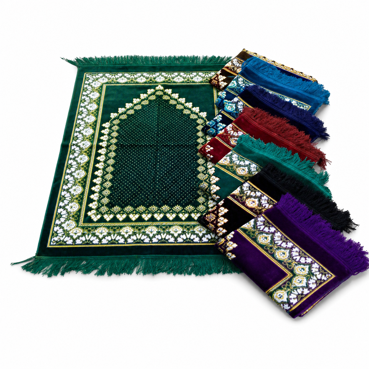 Green prayer mat with mihrab arch and fringe, shown beside other colours from the range