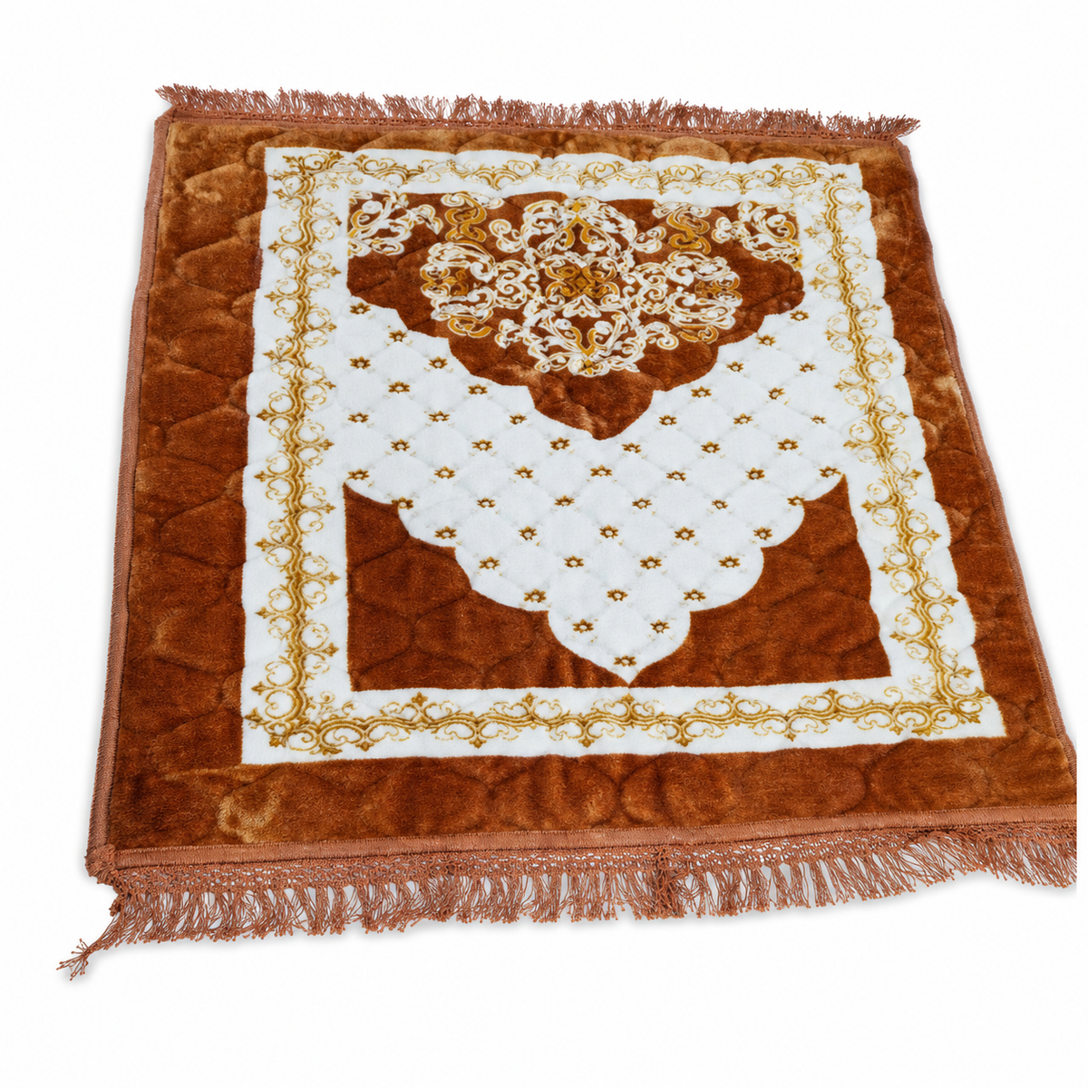 Padded prayer mat in rust orange and cream with a central floral medallion and fringe