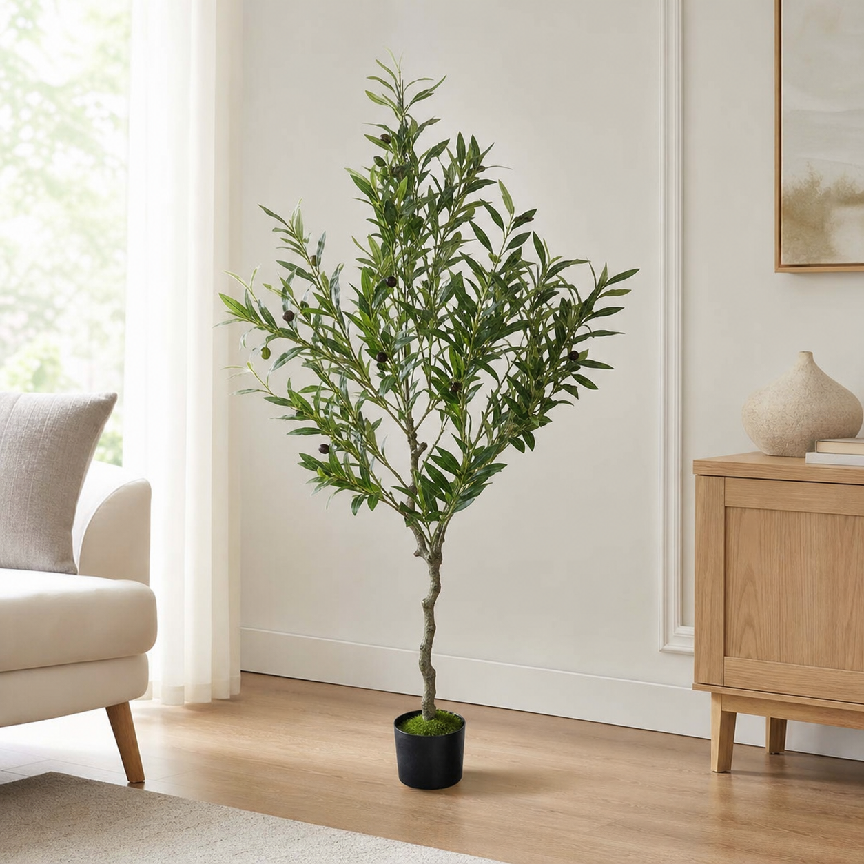 Artificial olive tree with green foliage in a black planter, 1.4 m tall