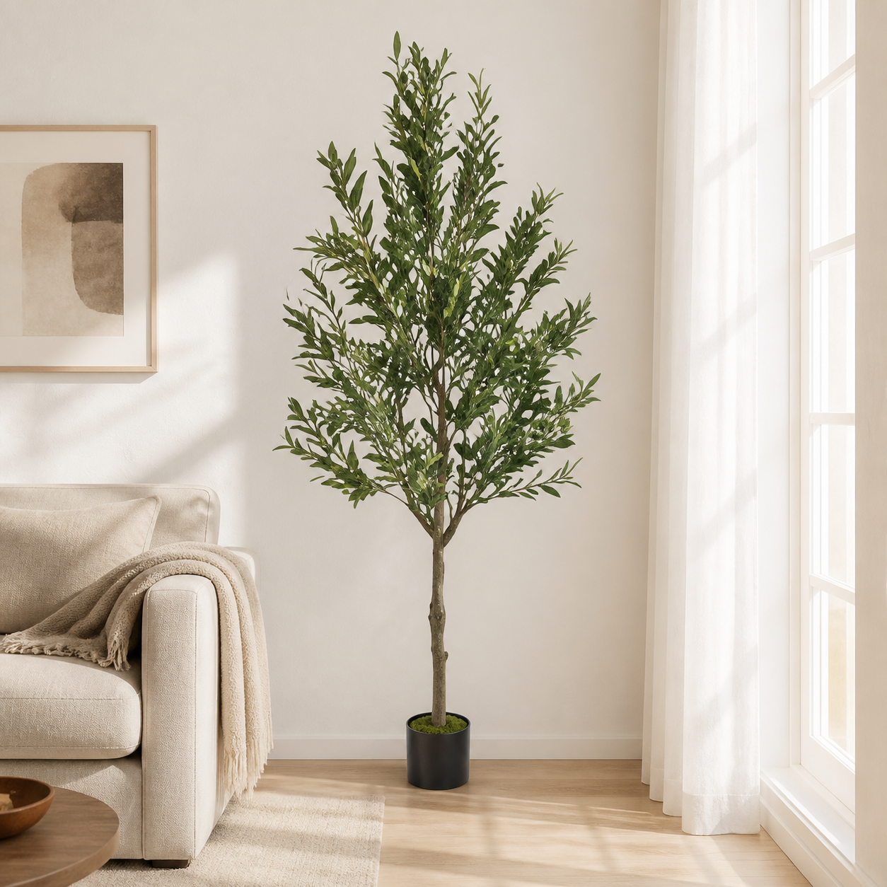 Artificial olive tree with green foliage in a black planter, 1.8 m tall