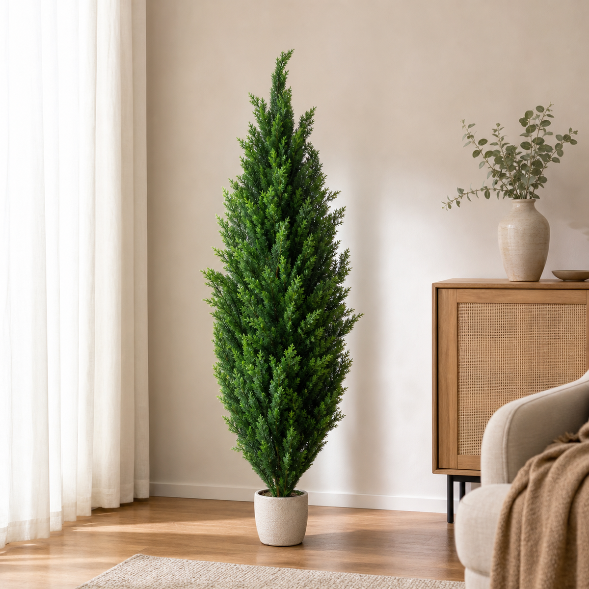 Artificial conical tree with green synthetic foliage in a planter, 1.5 m tall