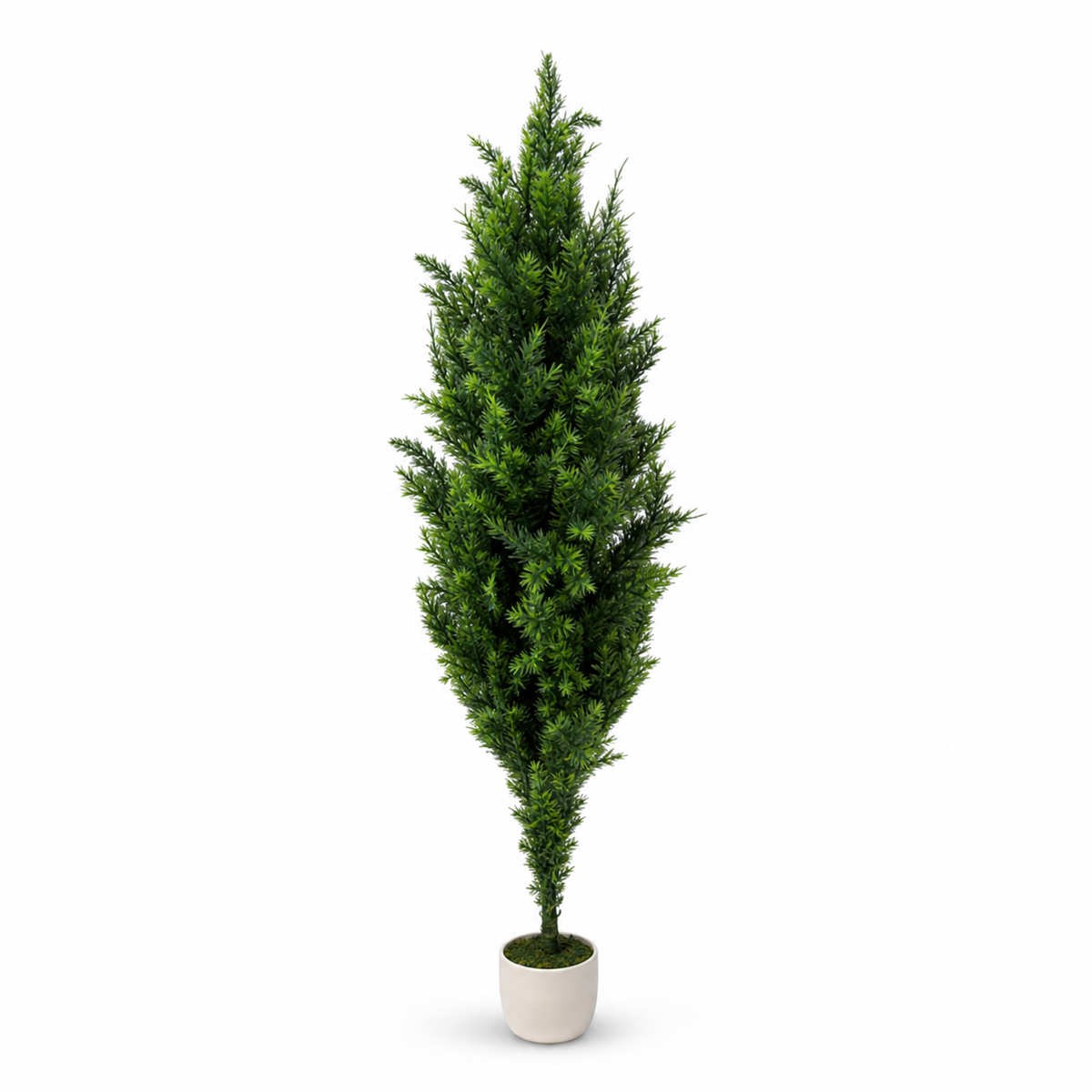 Artificial conical tree with green synthetic foliage in a planter, 1.5 m tall
