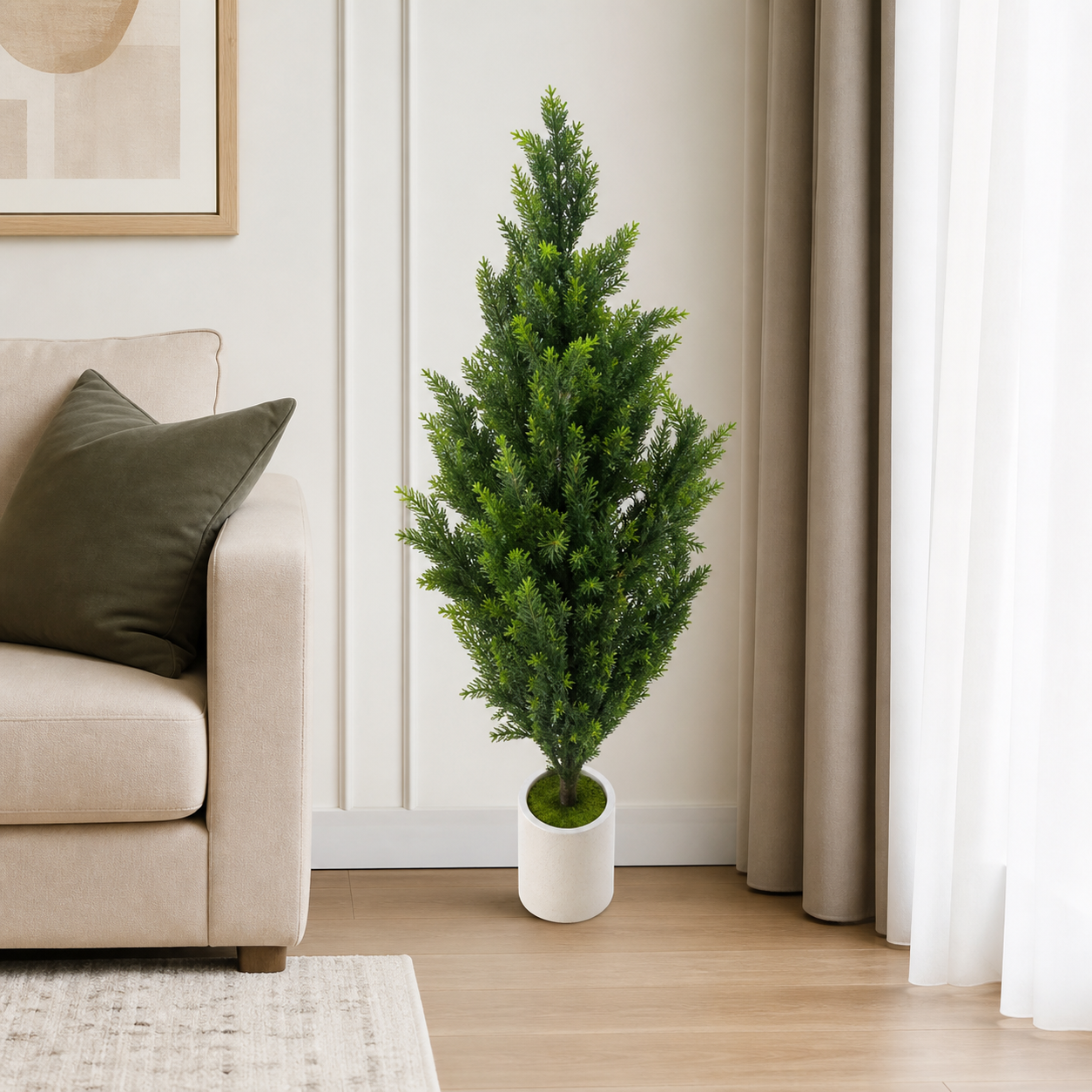 Artificial conical tree with green foliage in a white planter, 1.2 m tall
