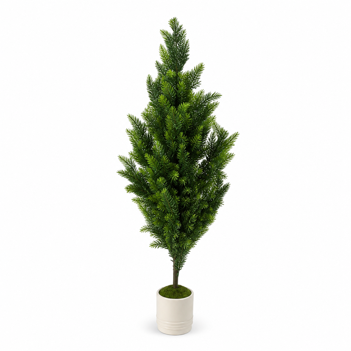 Artificial conical tree with green foliage in a white planter, 1.2 m tall