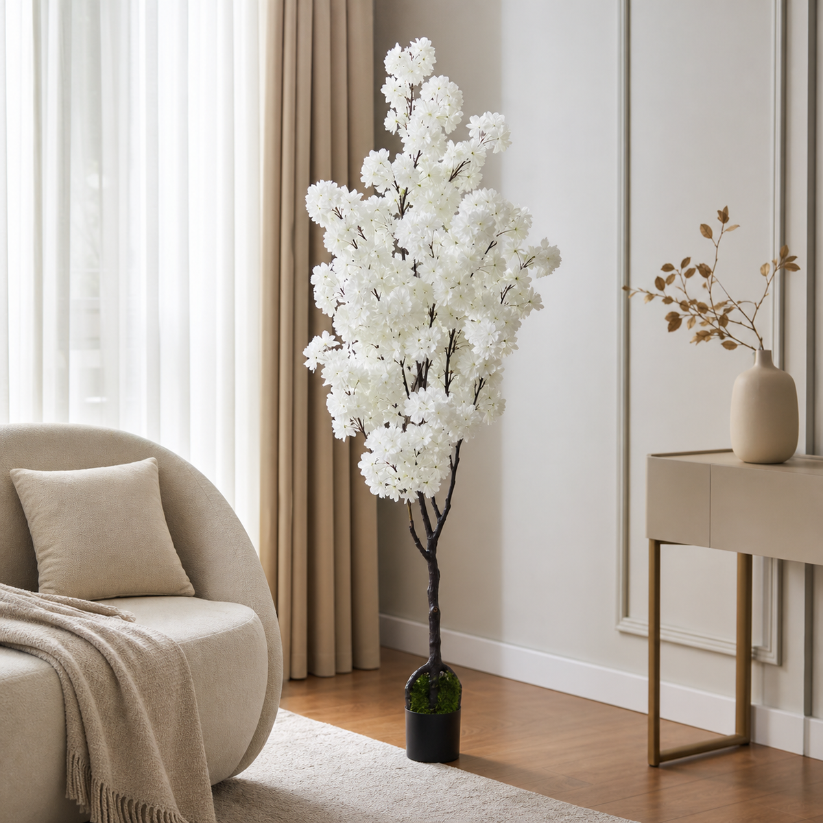Artificial tree with white blossoms in a black vase, 1.5 m tall