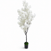 Artificial tree with white blossoms in a black vase, 1.5 m tall