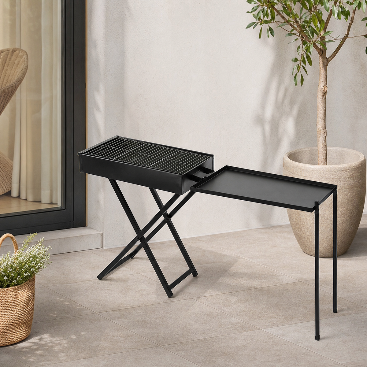 Black folding metal BBQ grill with attached side table, 30 × 60 cm