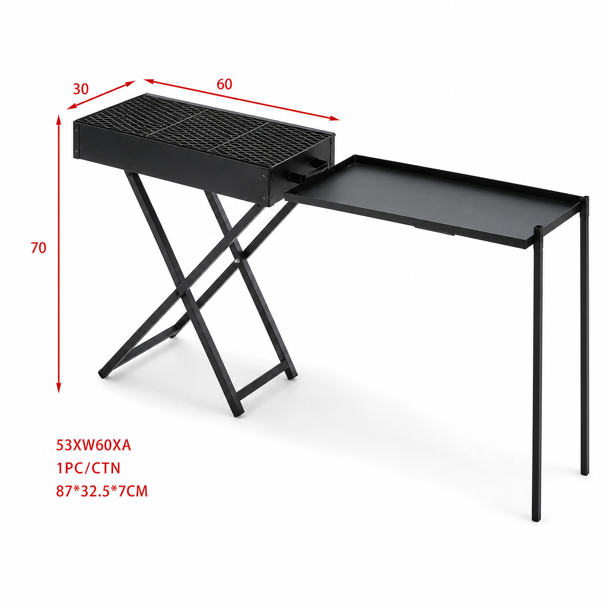 Portable Folding BBQ Grill with Side Table, 30 x 60 cm