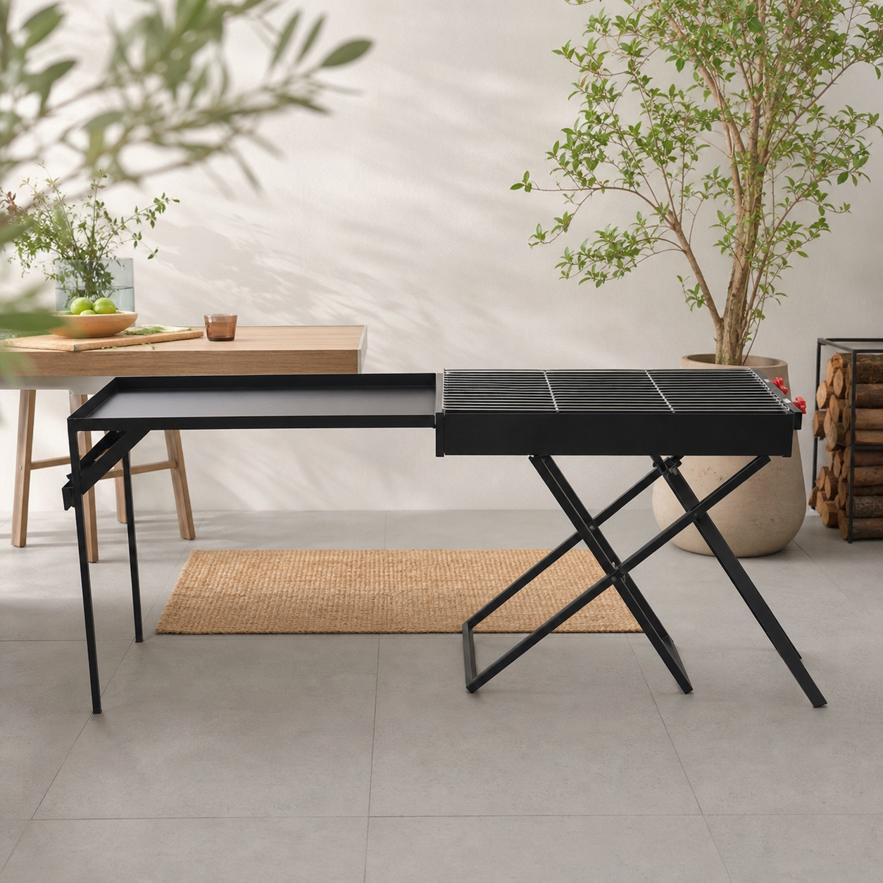 Black folding metal BBQ grill with attached side table, 30 × 80 cm