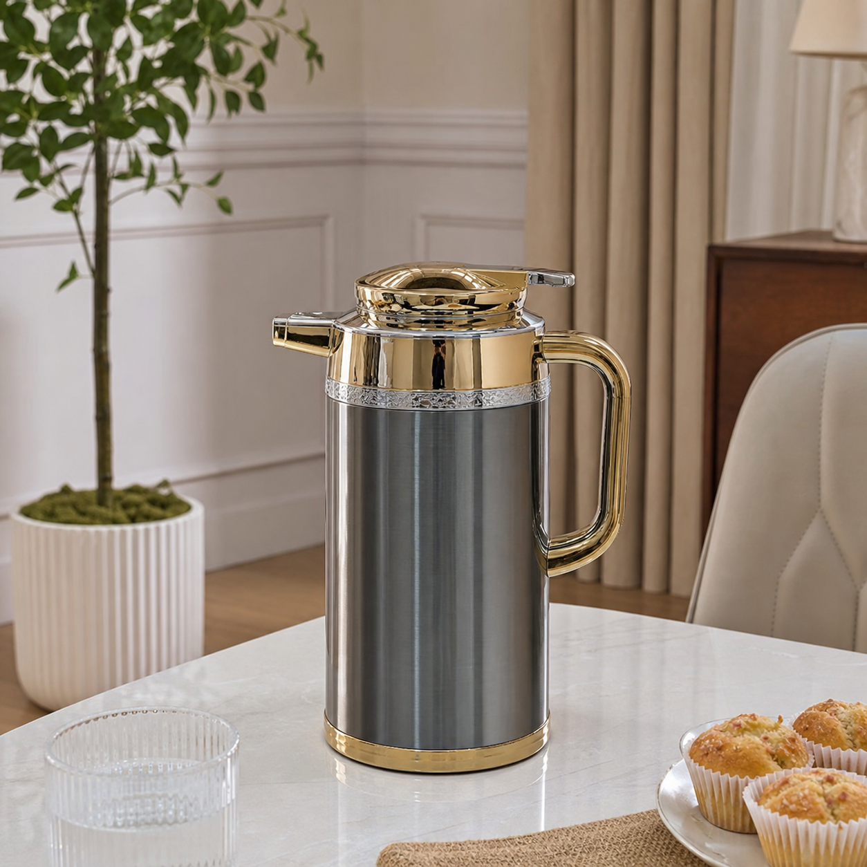 Grey stainless steel flask with gold-tone trim, 1.6 L