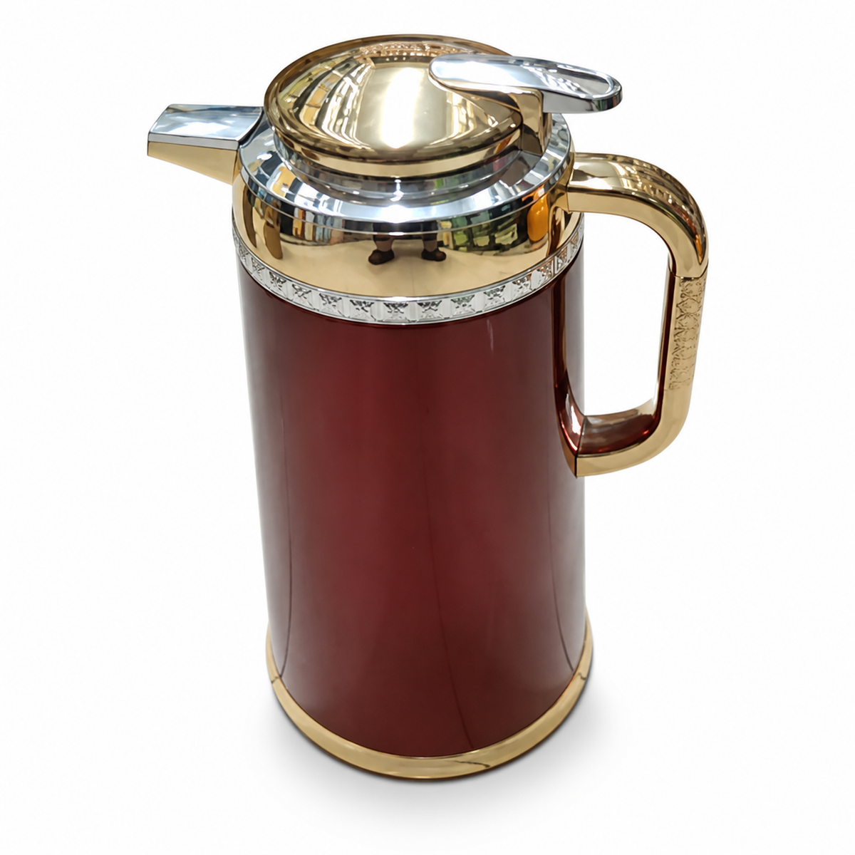 Red insulated flask with gold-tone lid, spout, handle and engraved silver neck band