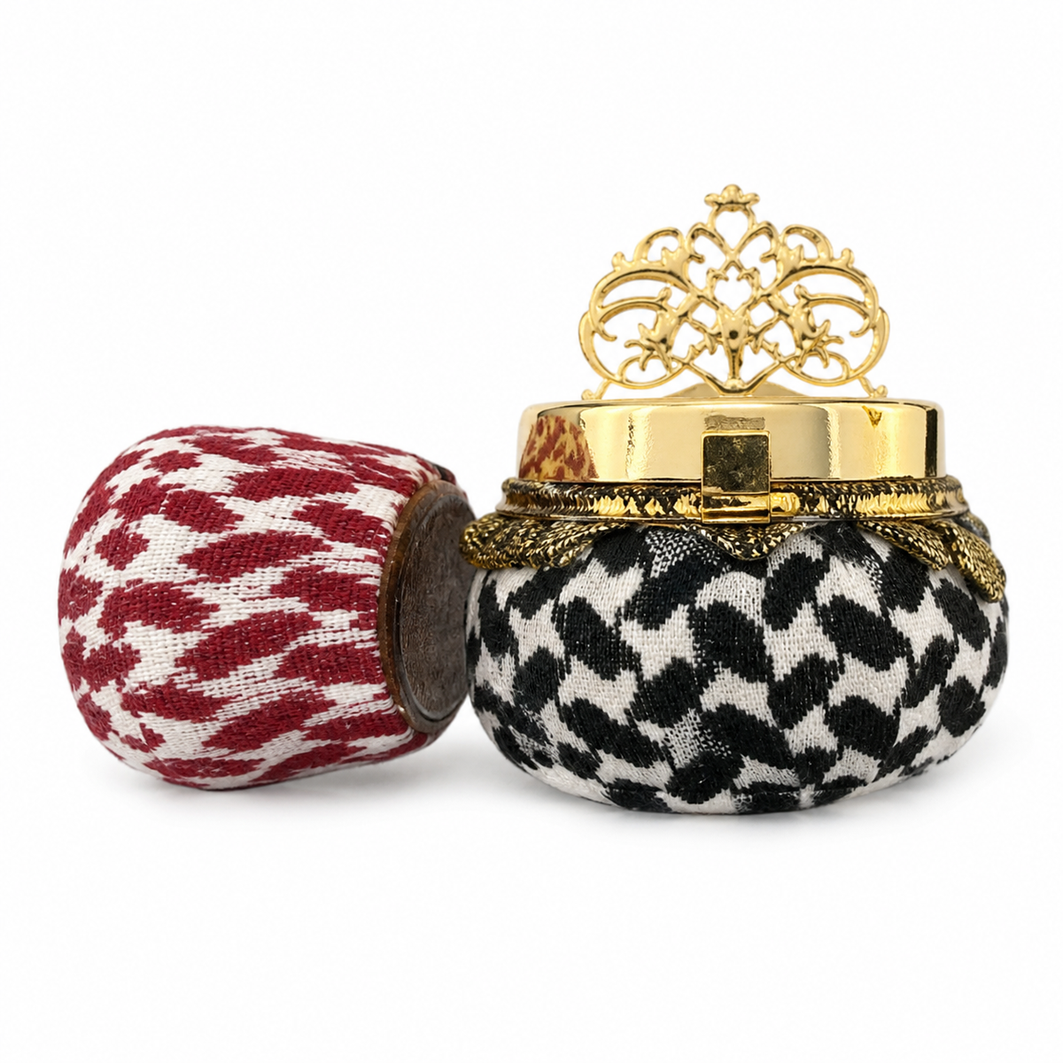 Two fabric-covered favor pots, black-and-white and red-and-white print, gold-tone crown lid