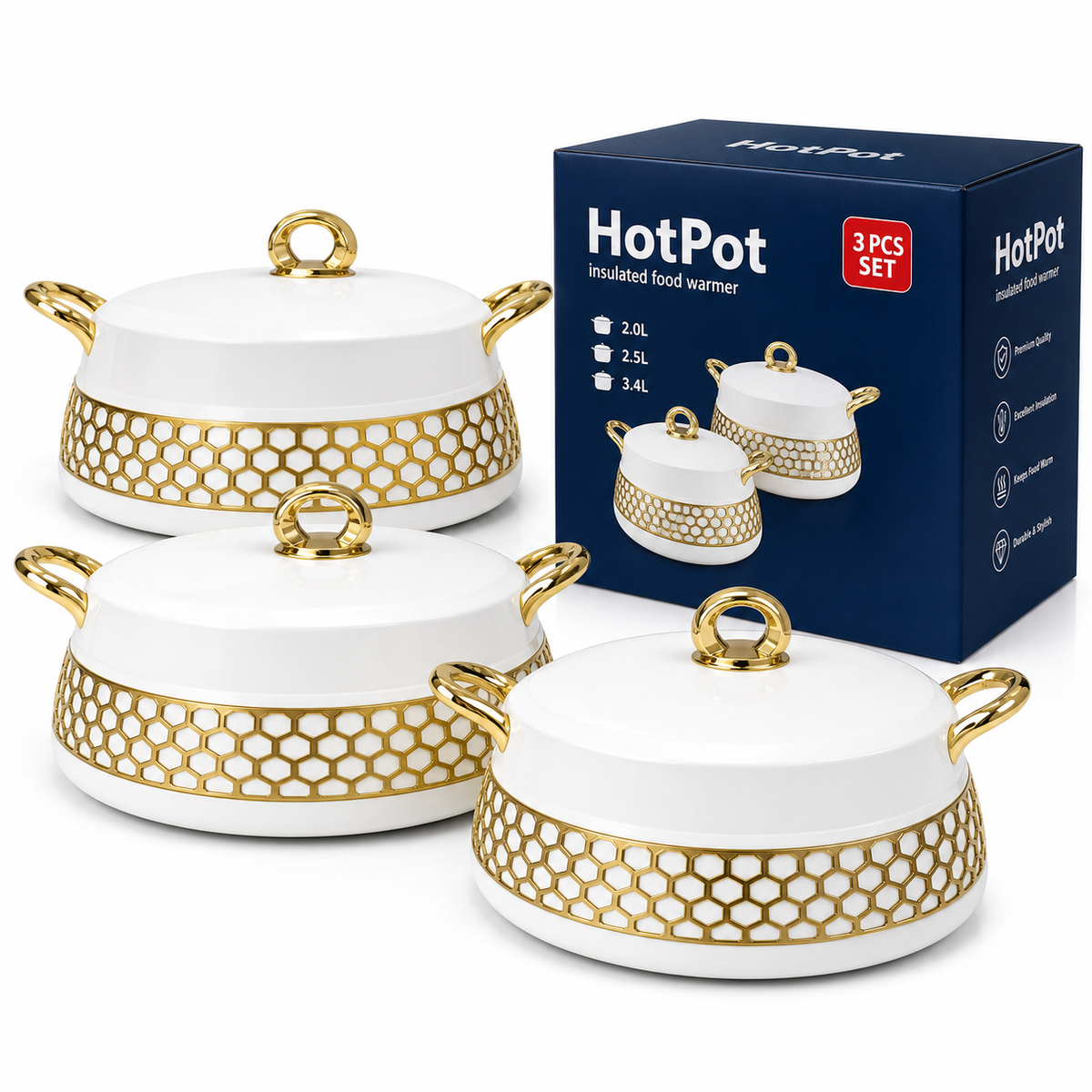 White stainless steel three-piece food warmer set with gold-tone trim and handles
