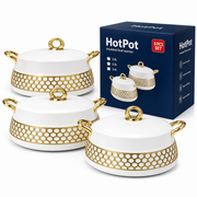White stainless steel three-piece food warmer set with gold-tone trim and handles