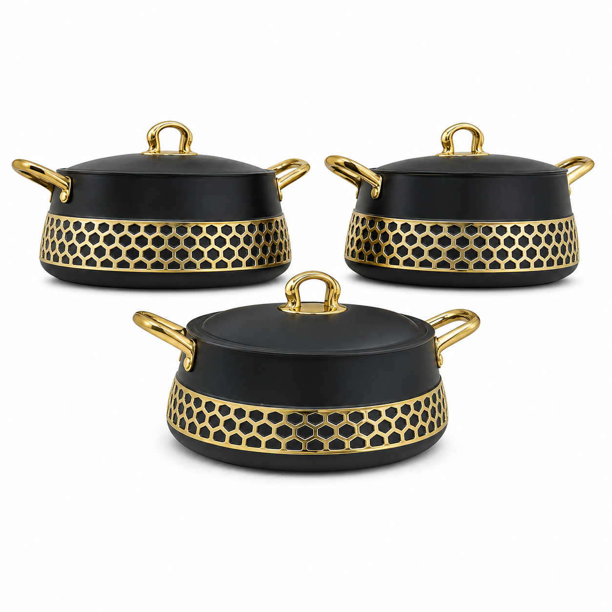 White stainless steel three-piece food warmer set with gold-tone trim and handles