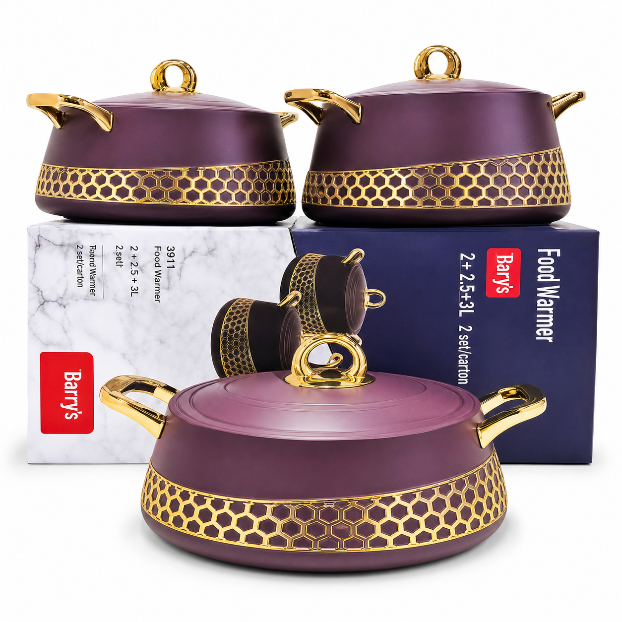 White stainless steel three-piece food warmer set with gold-tone trim and handles