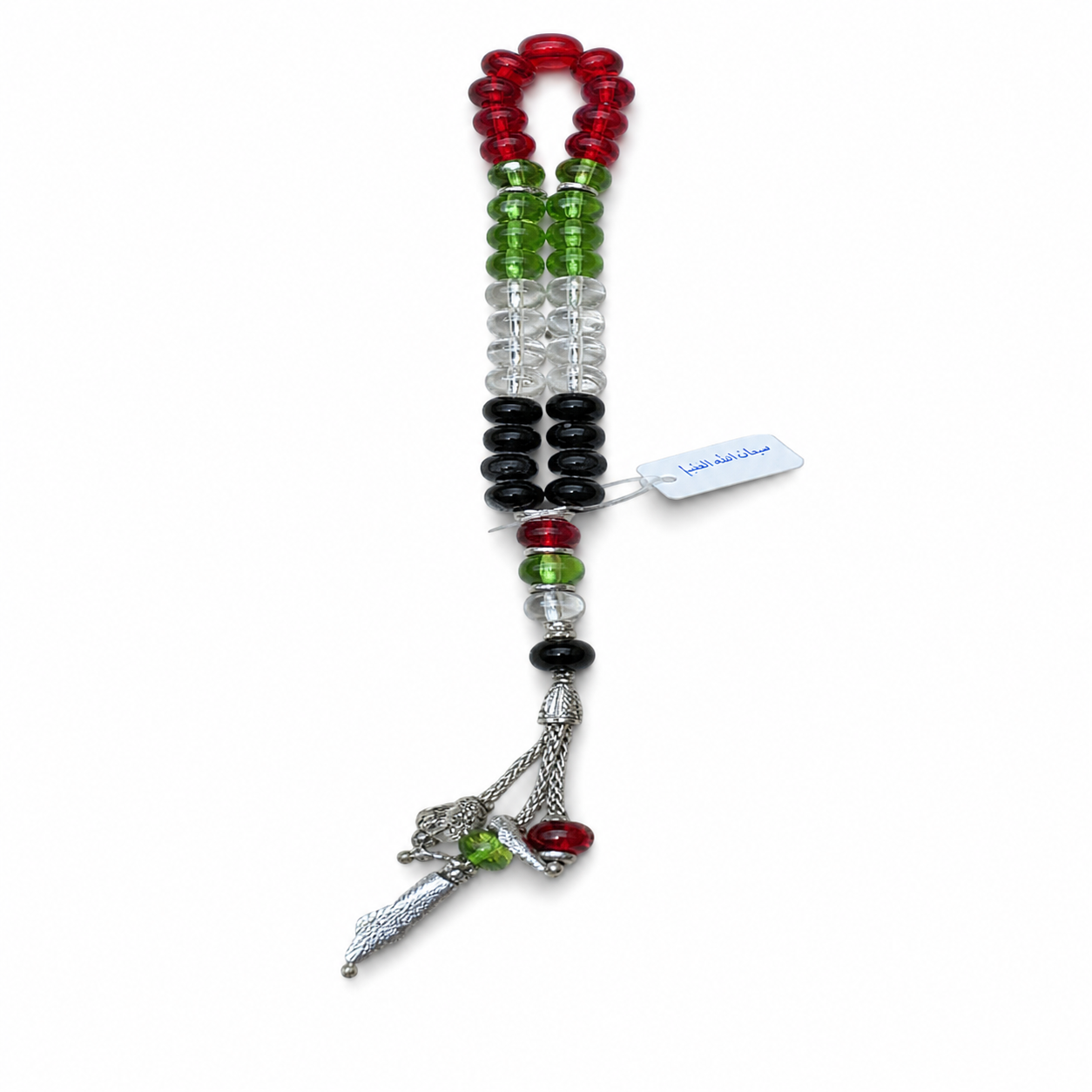 Tasbeeh strand banded in red, green, clear and black with a silver-tone tassel
