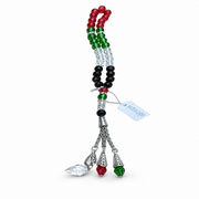 Tasbeeh strand banded red, green, clear and black, with a silver-tone tassel