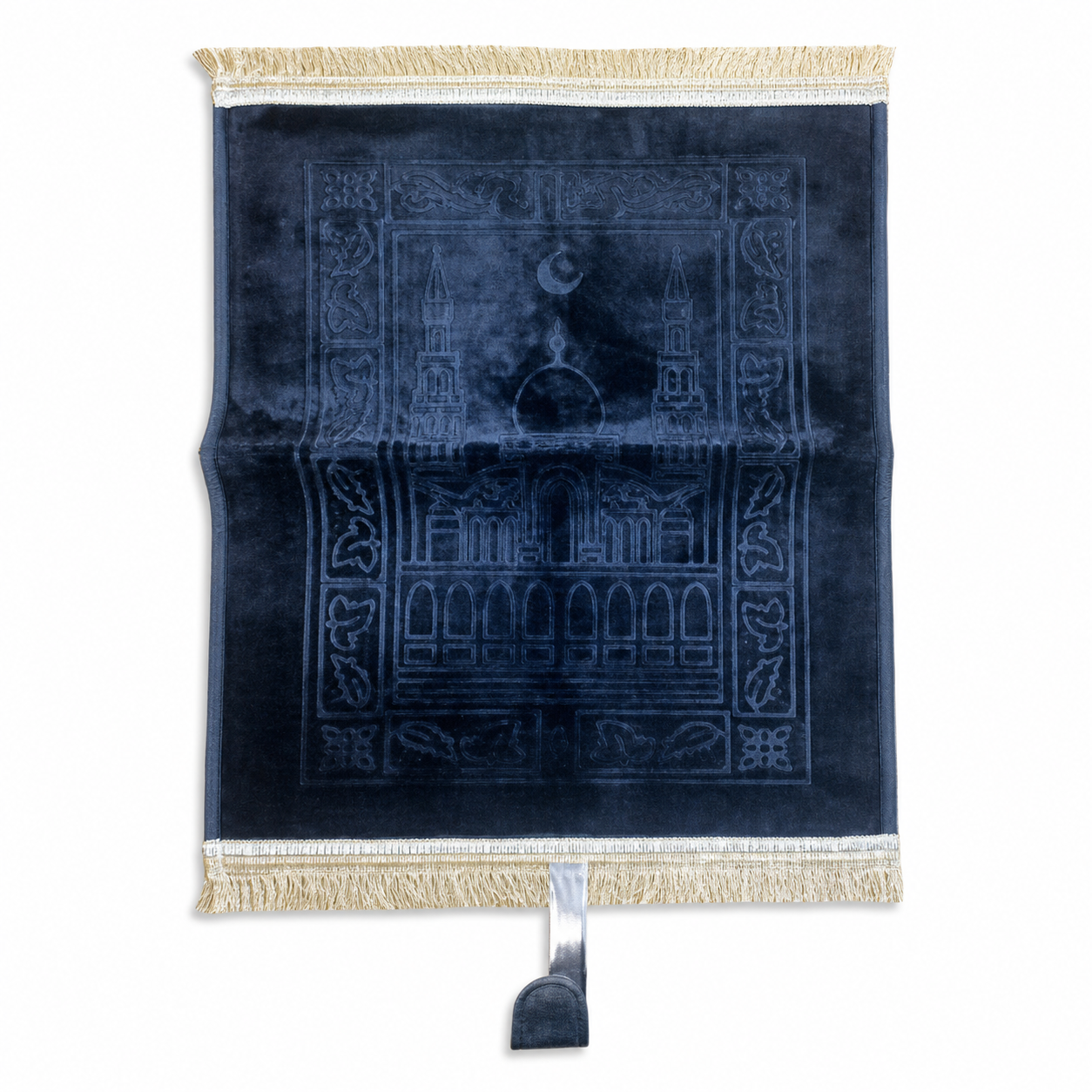 Navy velvet prayer mat with embossed mosque design and cream fringe, 80 × 120 cm