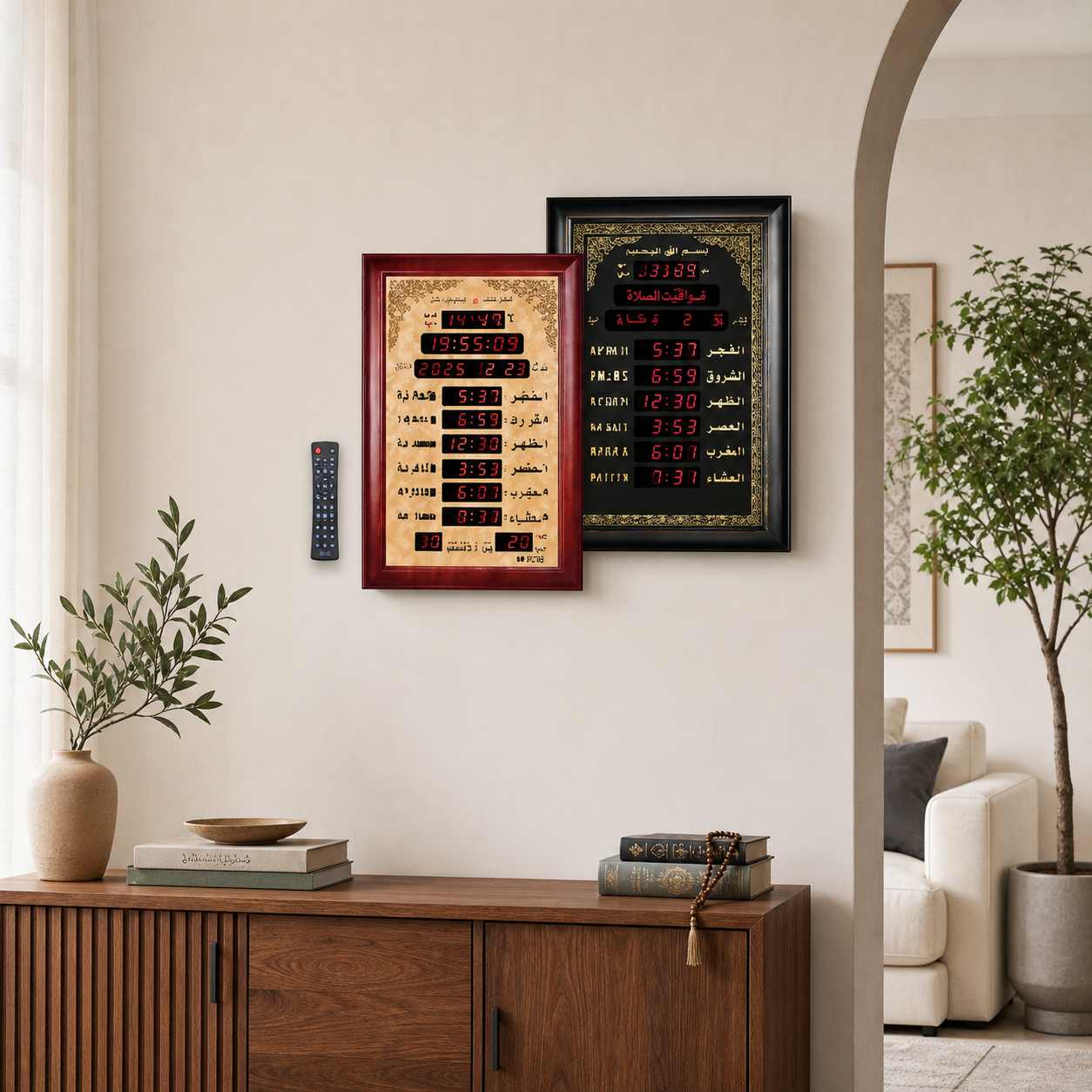 Maroon-red and black azan prayer-time wall clocks mounted on a living-room wall