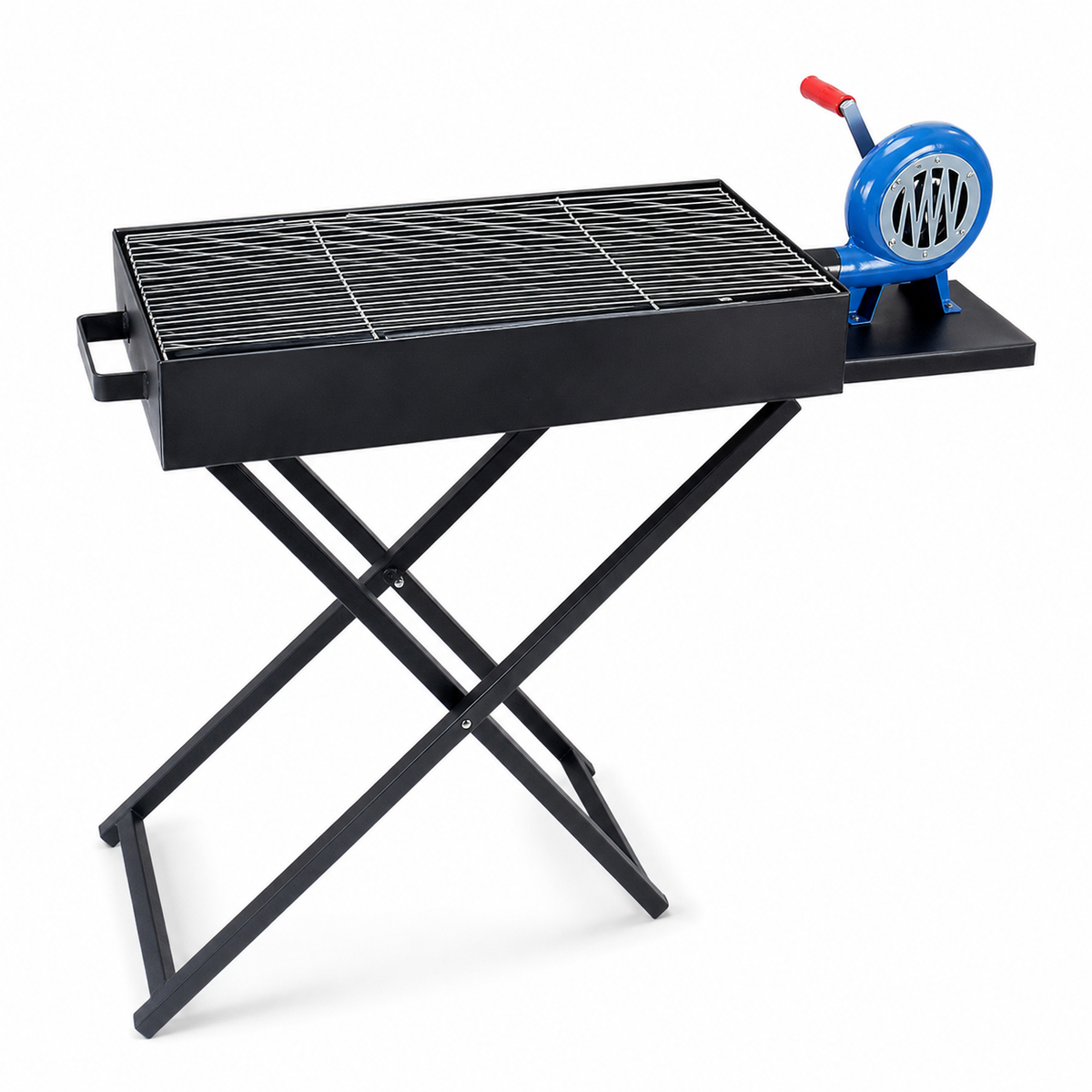 Black portable folding charcoal BBQ grill with blue air blower on X-frame