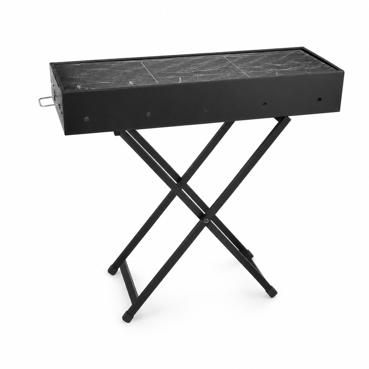 Black charcoal grill folded shut on its X-frame stand, seen from the side