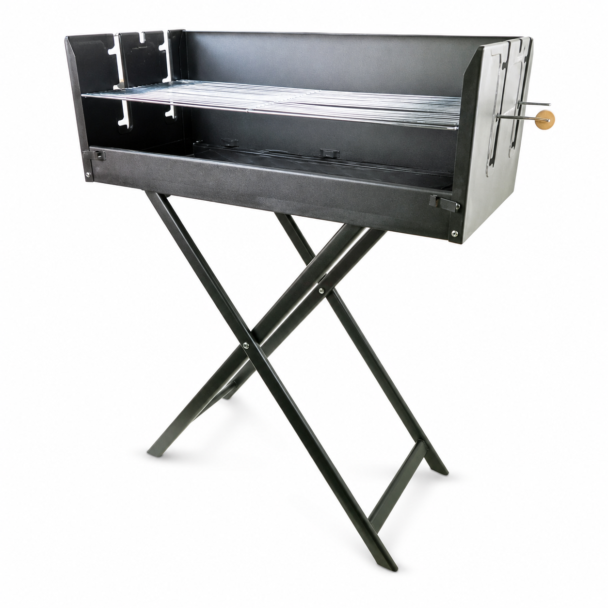 Long black charcoal grill box on a folding X-frame stand, wire grate inside