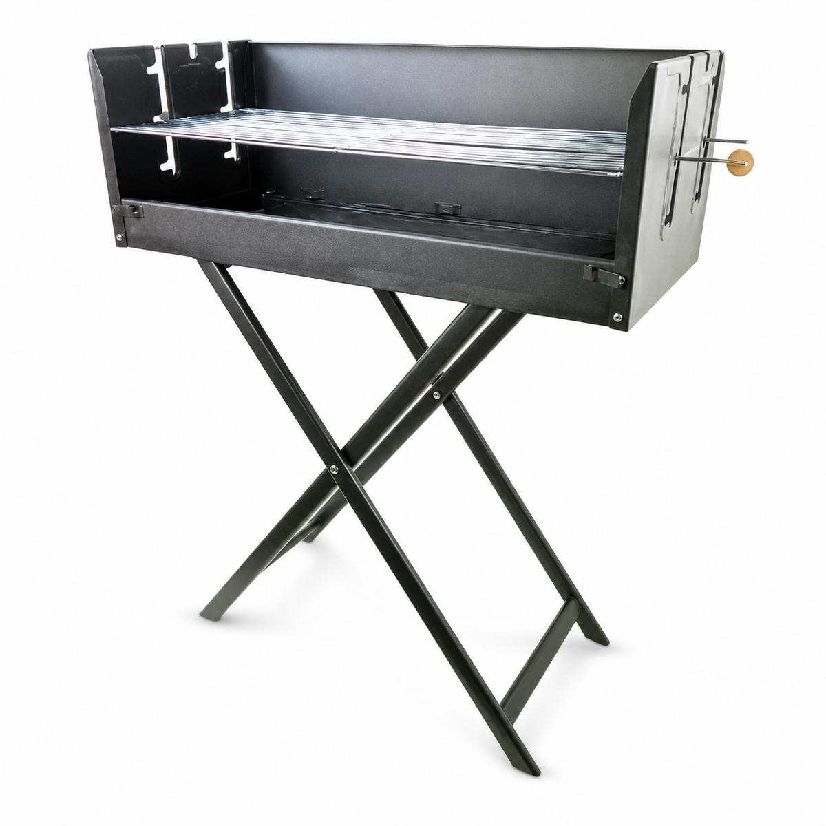 Long black charcoal grill box on a folding X-frame stand, wire grate inside
