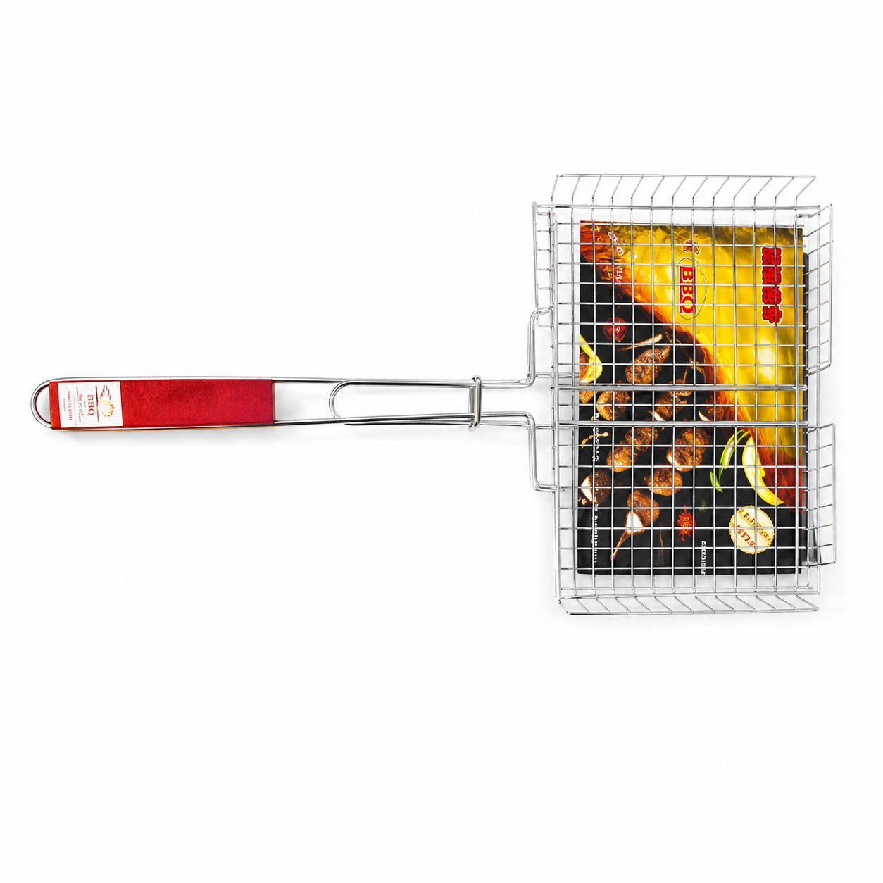 Stainless steel BBQ grill mesh basket with a long red handle, 30 x 55 cm