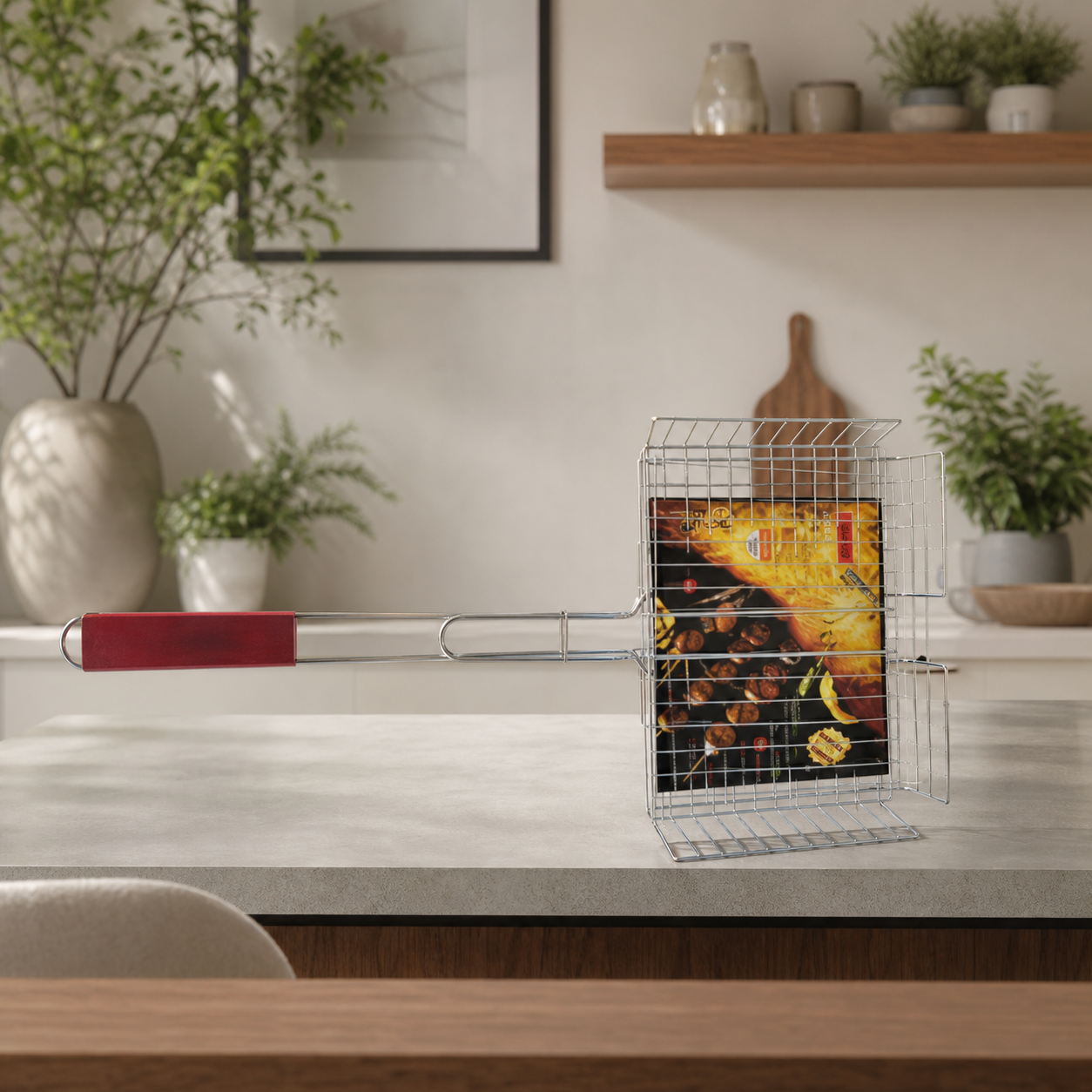 Red-handled steel mesh BBQ basket on a kitchen counter, 28 x 51.5 cm