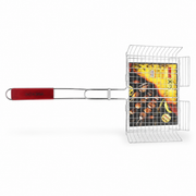 Stainless steel BBQ grill mesh basket with a long red handle, 28 x 51.5 cm
