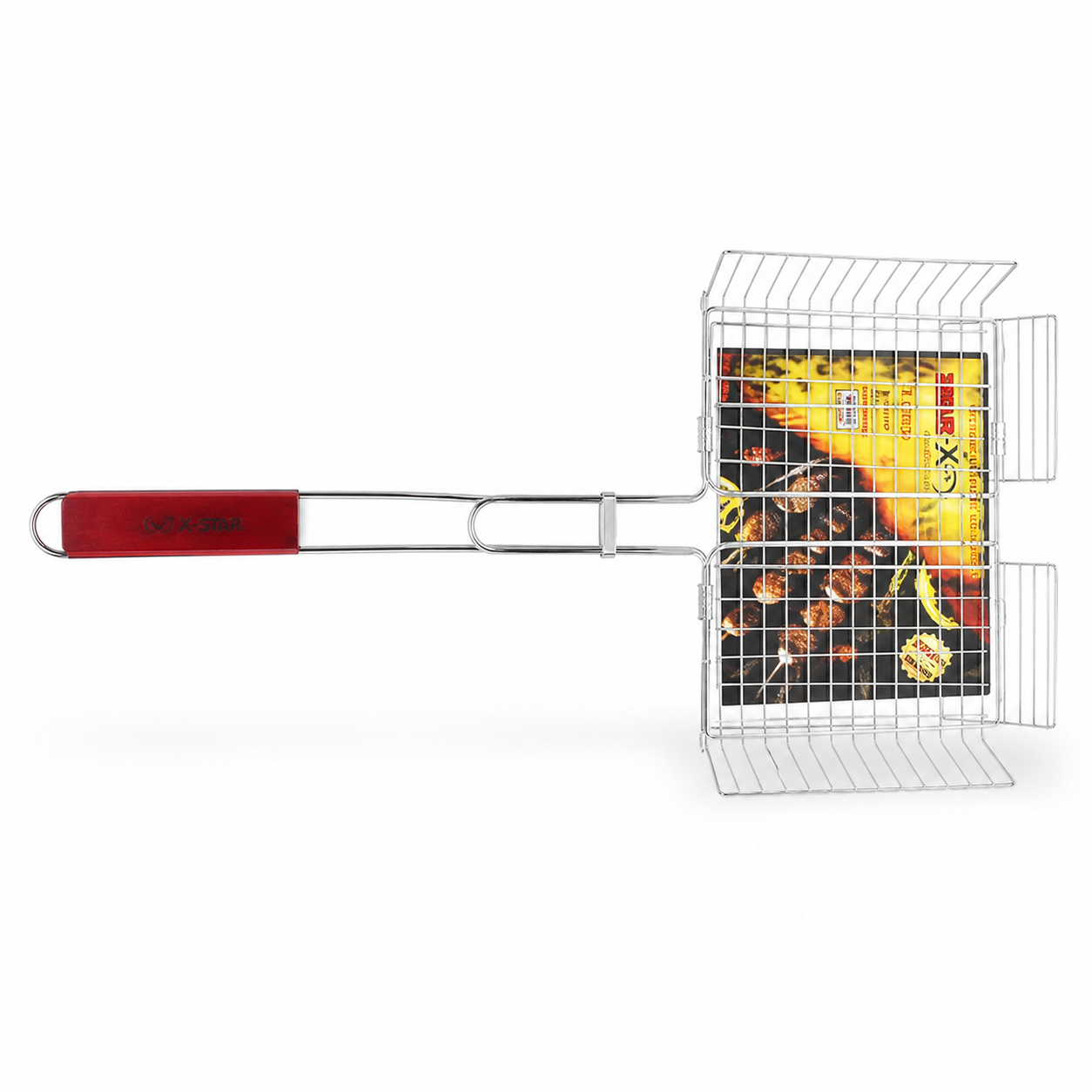 Stainless steel BBQ grill mesh basket with a long red handle, 28 x 51.5 cm