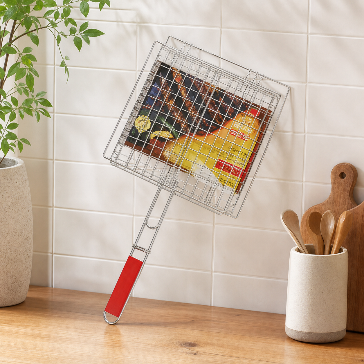 Silver wire mesh BBQ grill basket with a red handle, standing on a kitchen counter