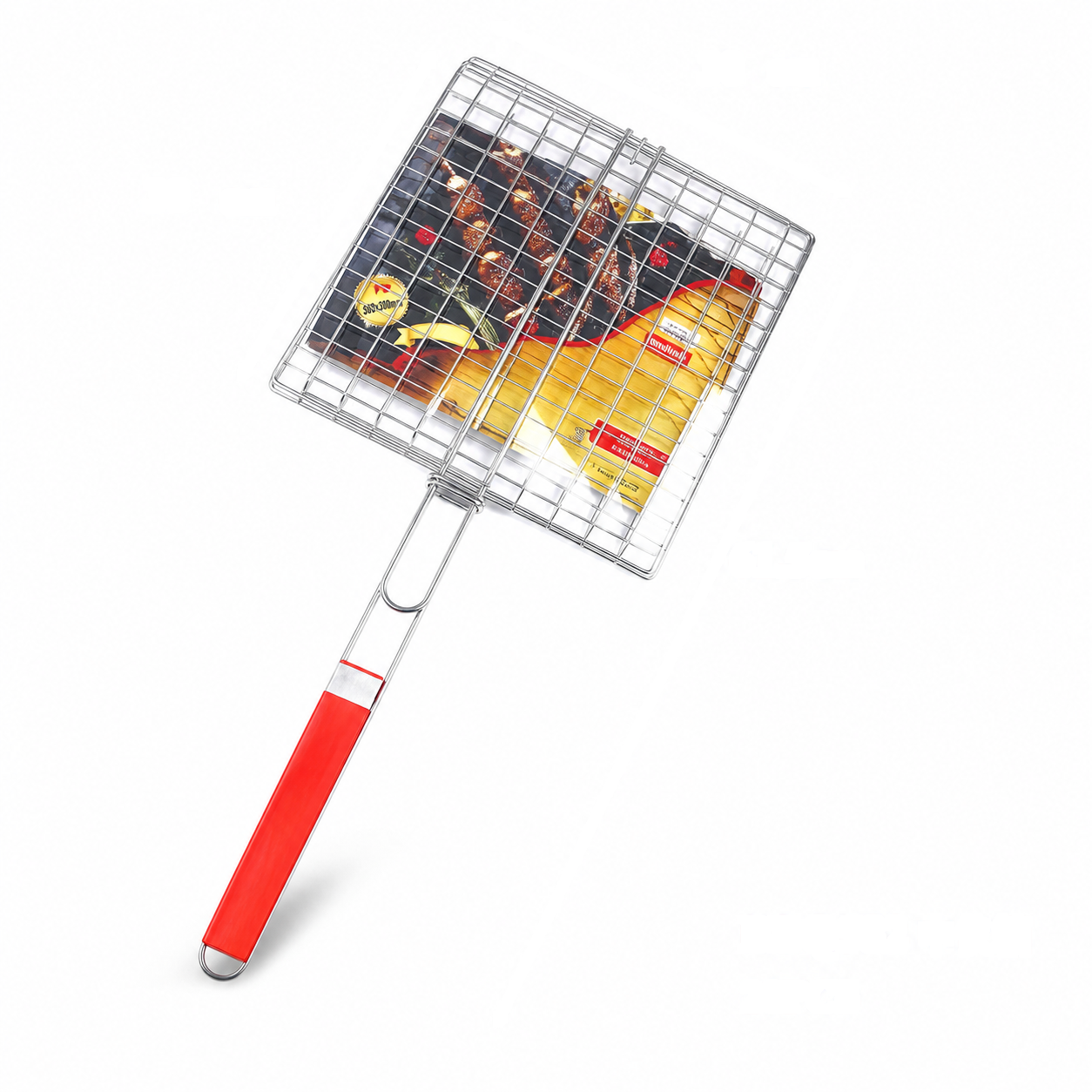 Wire mesh BBQ grill basket with red handle on a size diagram: 30 x 30 cm basket, 61.5 cm overall