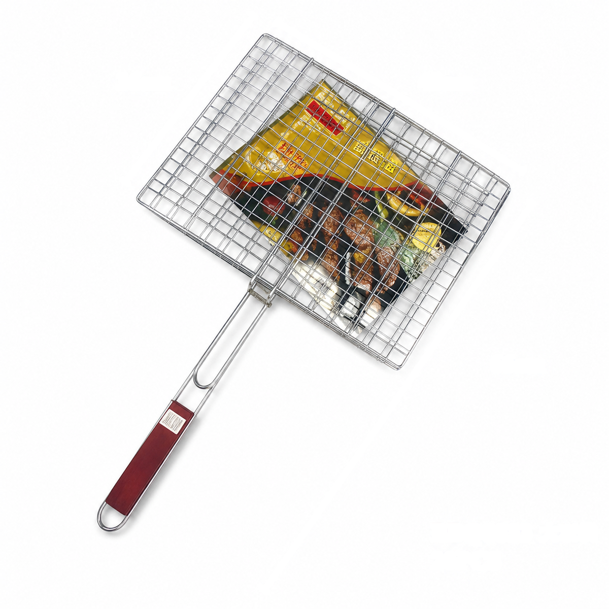 BBQ grill mesh basket with a long wooden handle, 36 by 48 cm basket, 66 cm overall