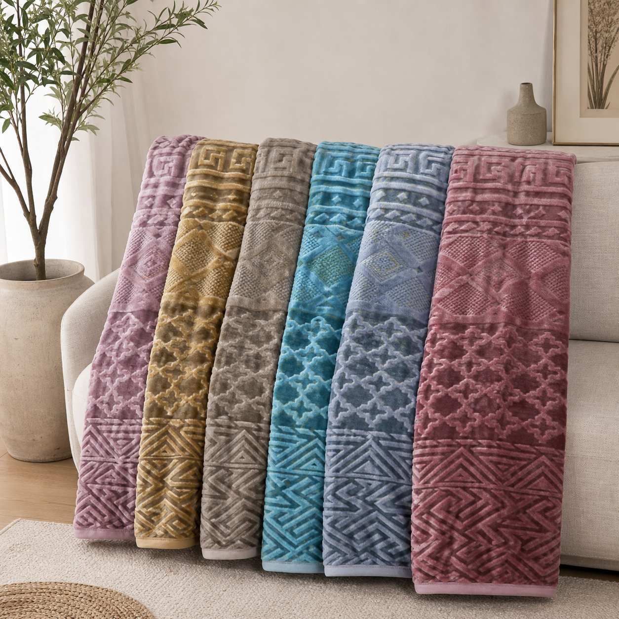 Embossed patterned plush blanket in assorted colours, 2 × 2.4 m