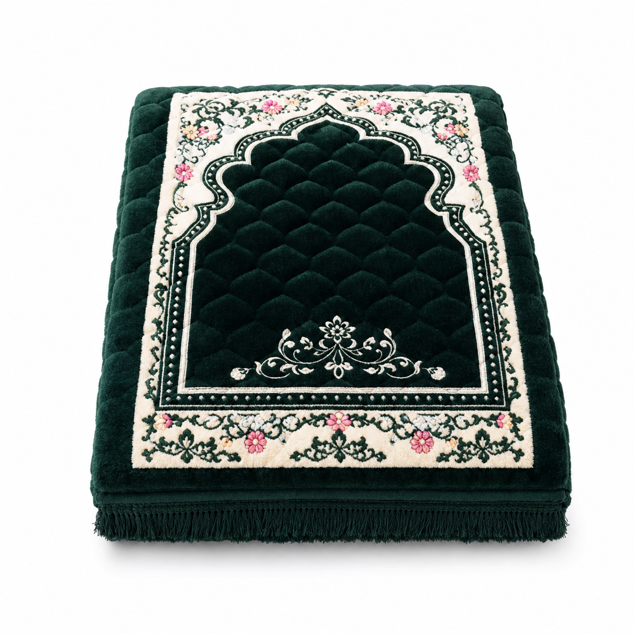 Folded dark green plush prayer mat with a cream floral border