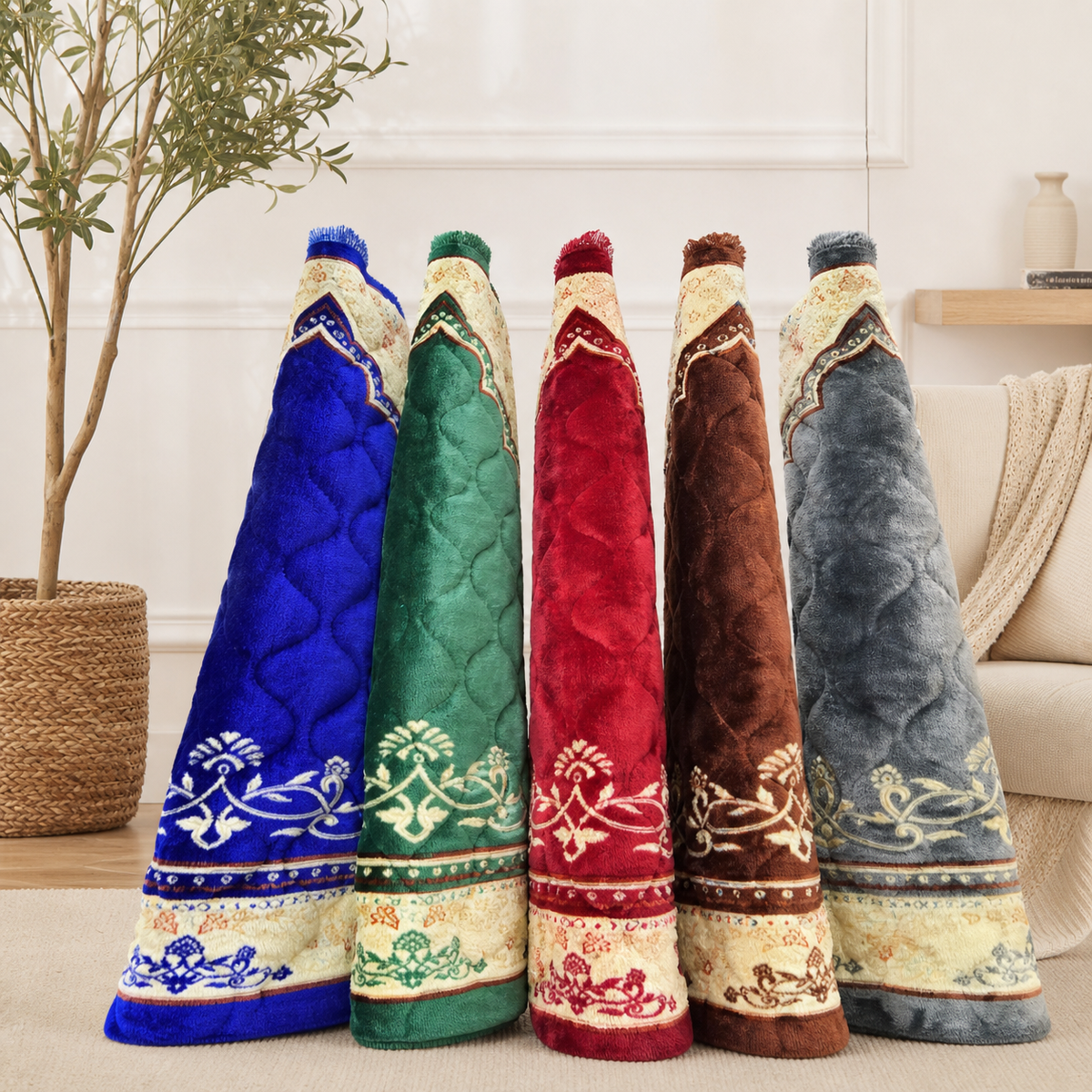 Five rolled plush prayer mats standing together in a living room